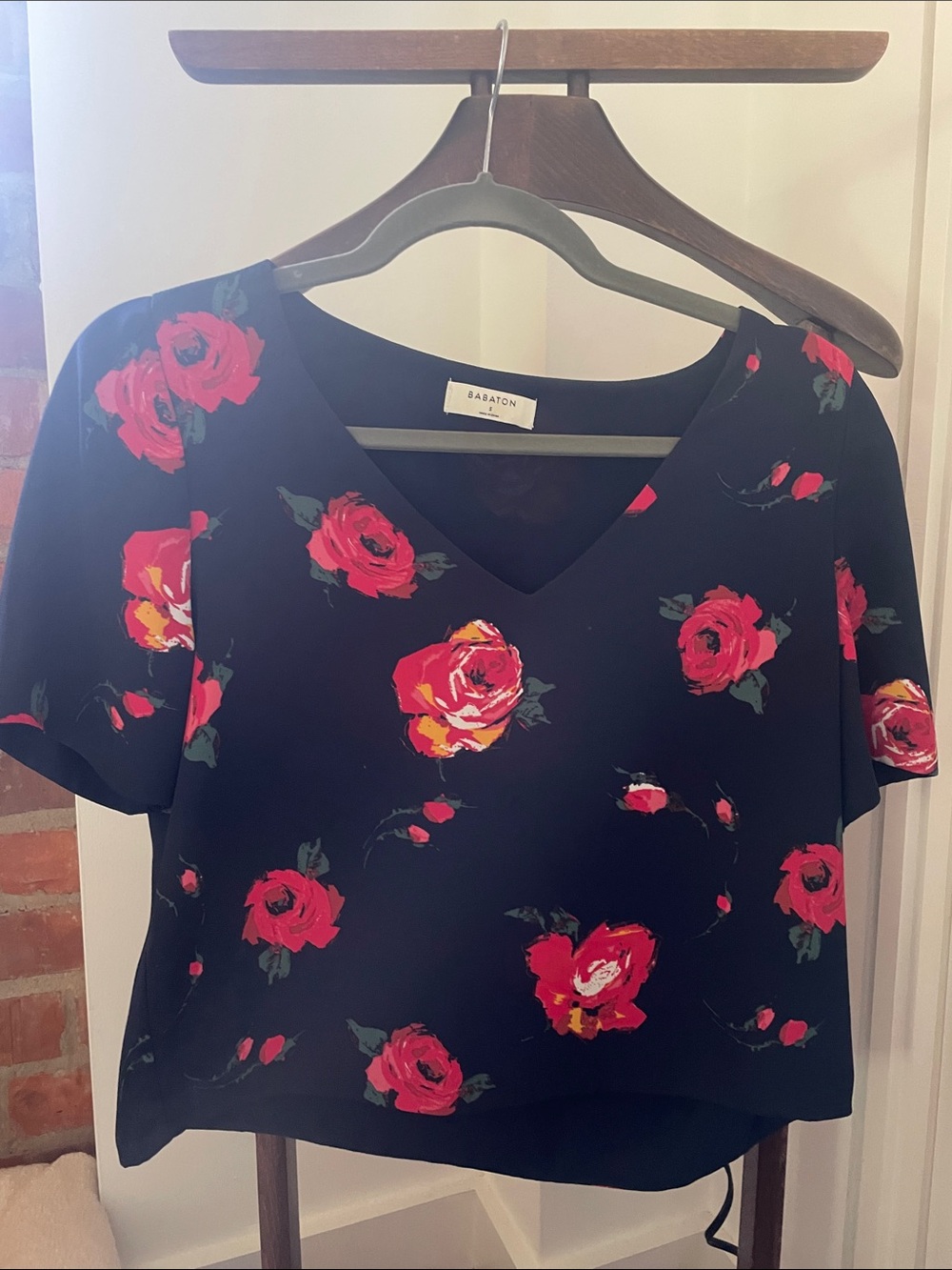 Babaton Black Floral V-Neck Blouse with Red Rose Print